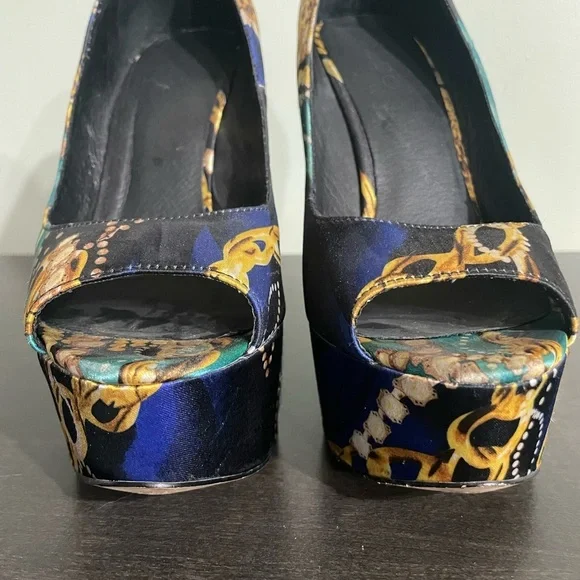 ALDO Platform peep-toe Retro Y2K leopard & gold chain print satin feel size 9 - Picture 6 of 14